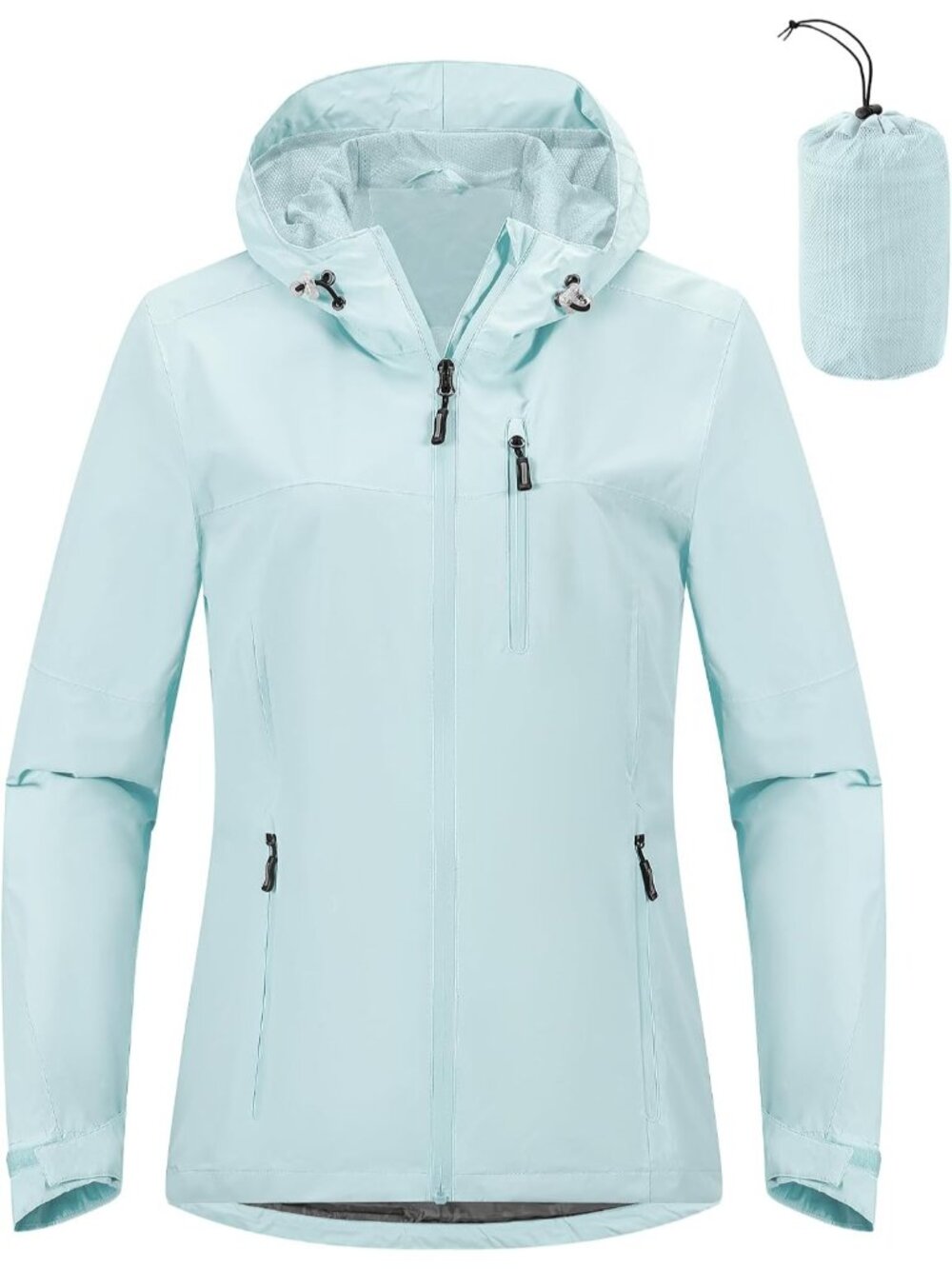 Women's Mint Blue Mesh Lined Hooded Zipper Pockets Waterproof Packable Rain Coat
